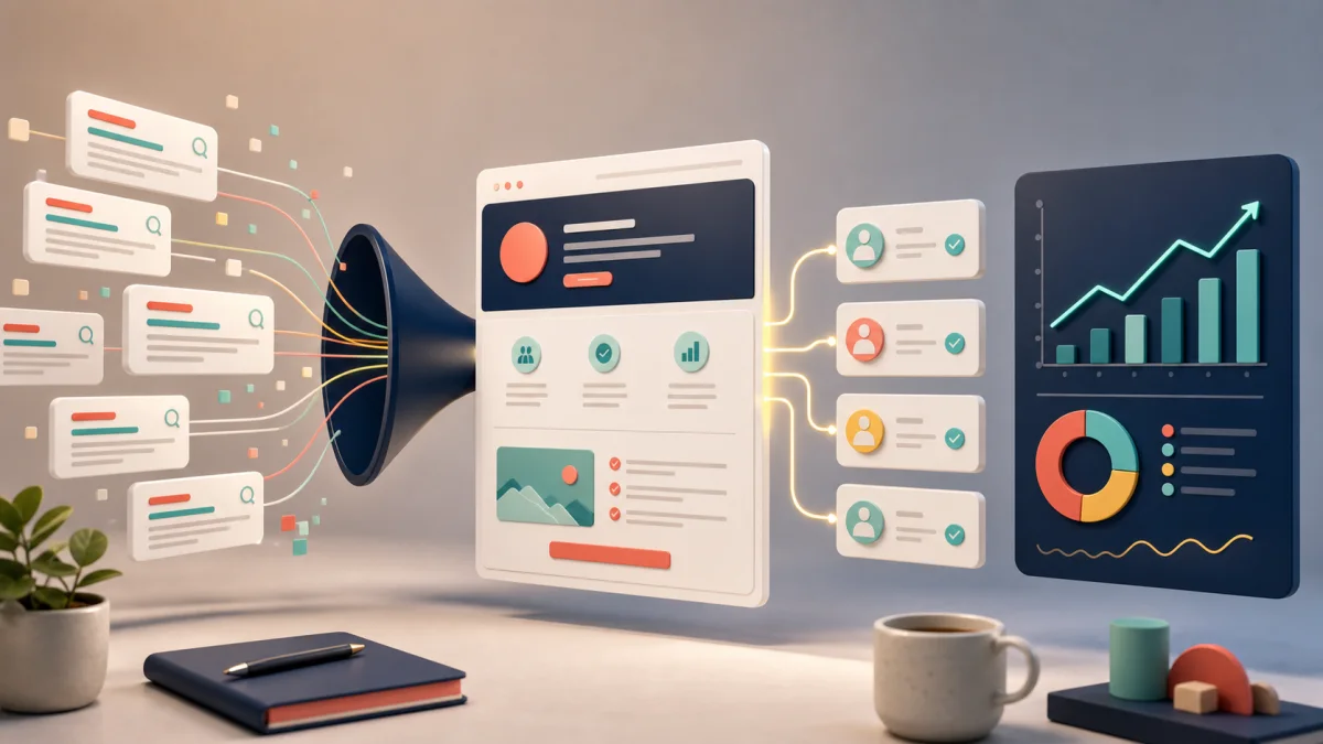 Professioneller Kampagnenarbeitsplatz mit Suchanzeigen, Landingpage und Leistungsdiagramm