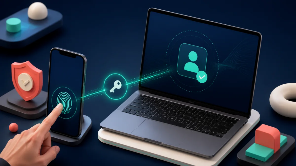 Smartphone und Laptop authentifizieren einen Nutzer über eine sichere passwortlose Verbindung