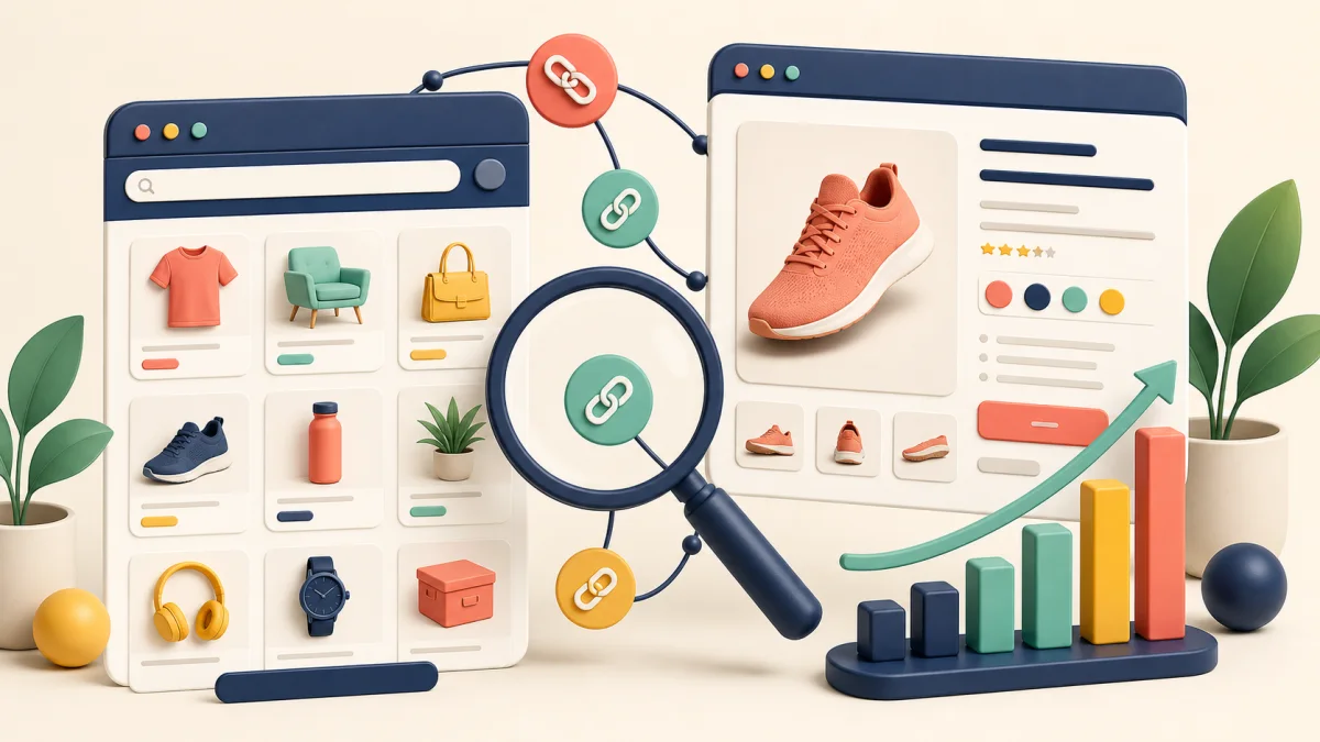 Optimierte Onlineshop-Produktseite mit Kategorie, Produktdaten und organischer Suche