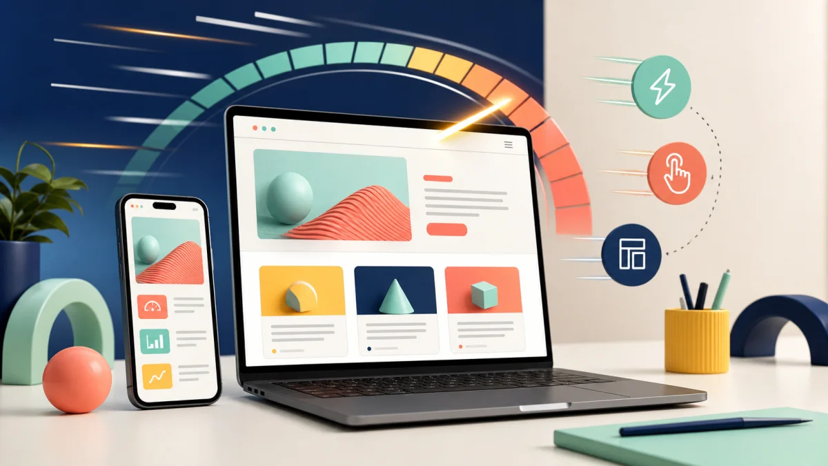 Schnelle Website auf Laptop und Smartphone mit abstrakter Geschwindigkeitsanzeige