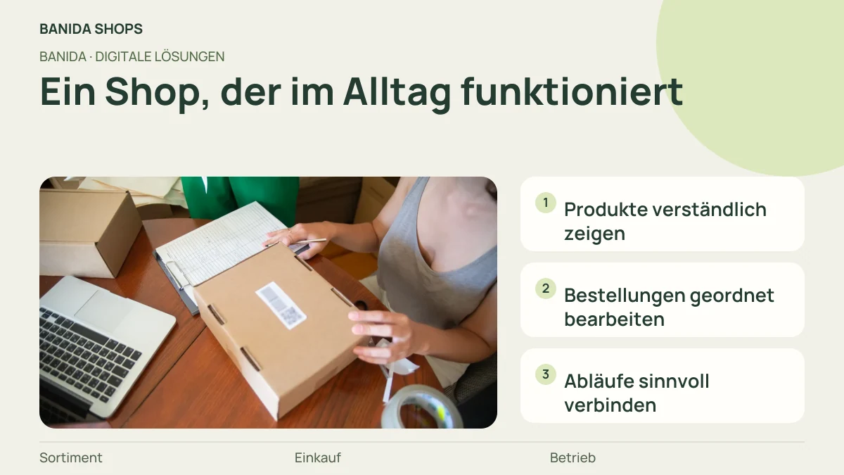 Foto und Erklärgrafik: Ein Shop, der im Alltag funktioniert – Produkte verständlich zeigen, Bestellungen geordnet bearbeiten, Abläufe sinnvoll verbinden
