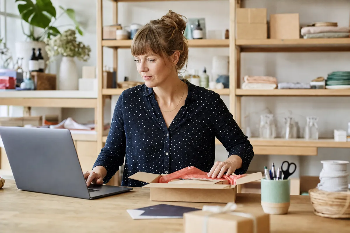 Shopbetreiberin bearbeitet Bestellungen in ihrem Onlineshop