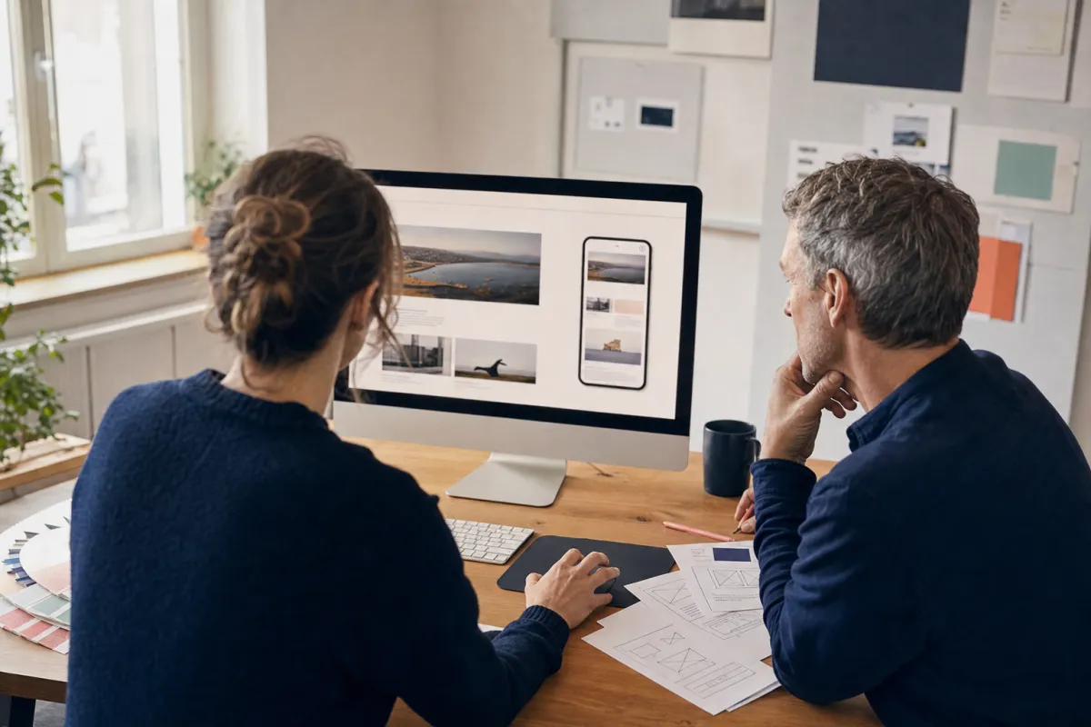Webdesigner und Kunde prüfen gemeinsam einen responsiven Website-Entwurf