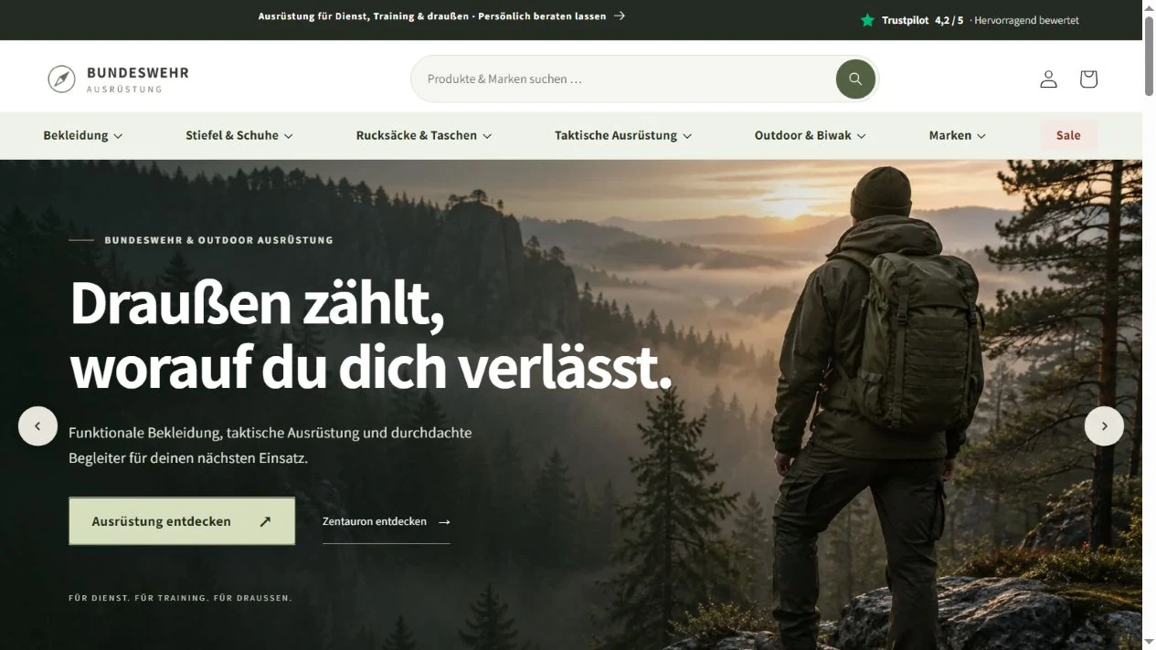 Aktuelle Startseite von Bundeswehr-Ausrüstung mit Outdoor-Motiv und Sortiment für Dienst, Training und draußen