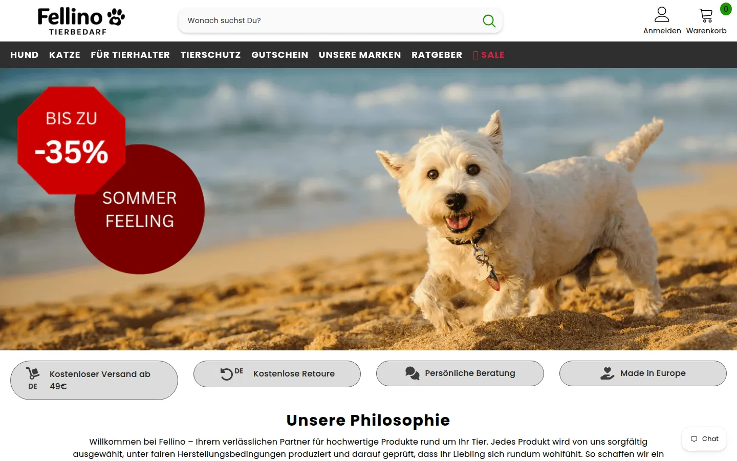 Startseite des Onlineshops Fellino Tierbedarf