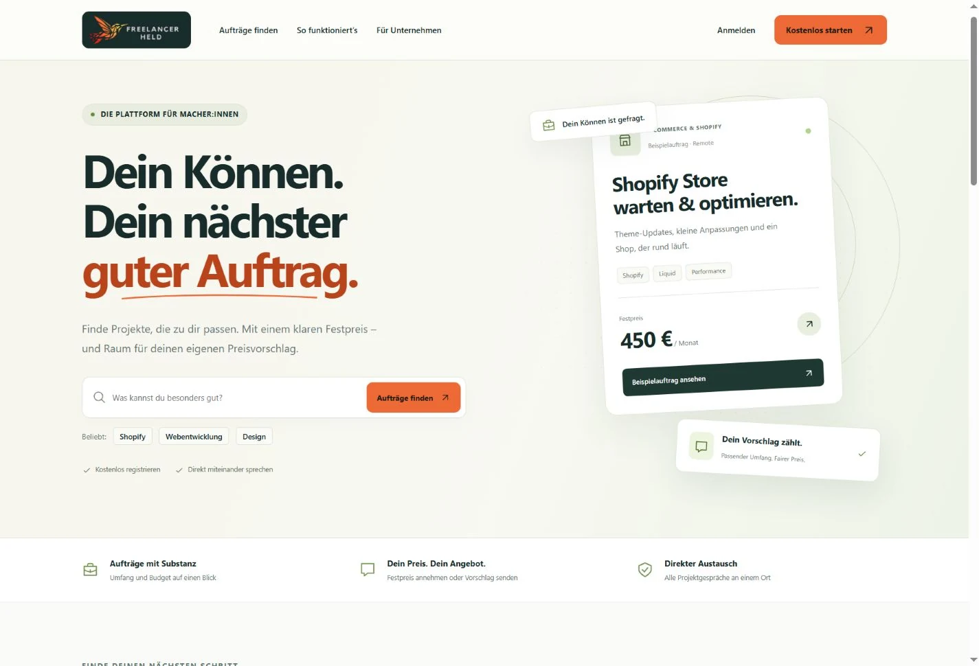 Startseite von Freelancerheld mit Auftragssuche für Freelancer und Unternehmen