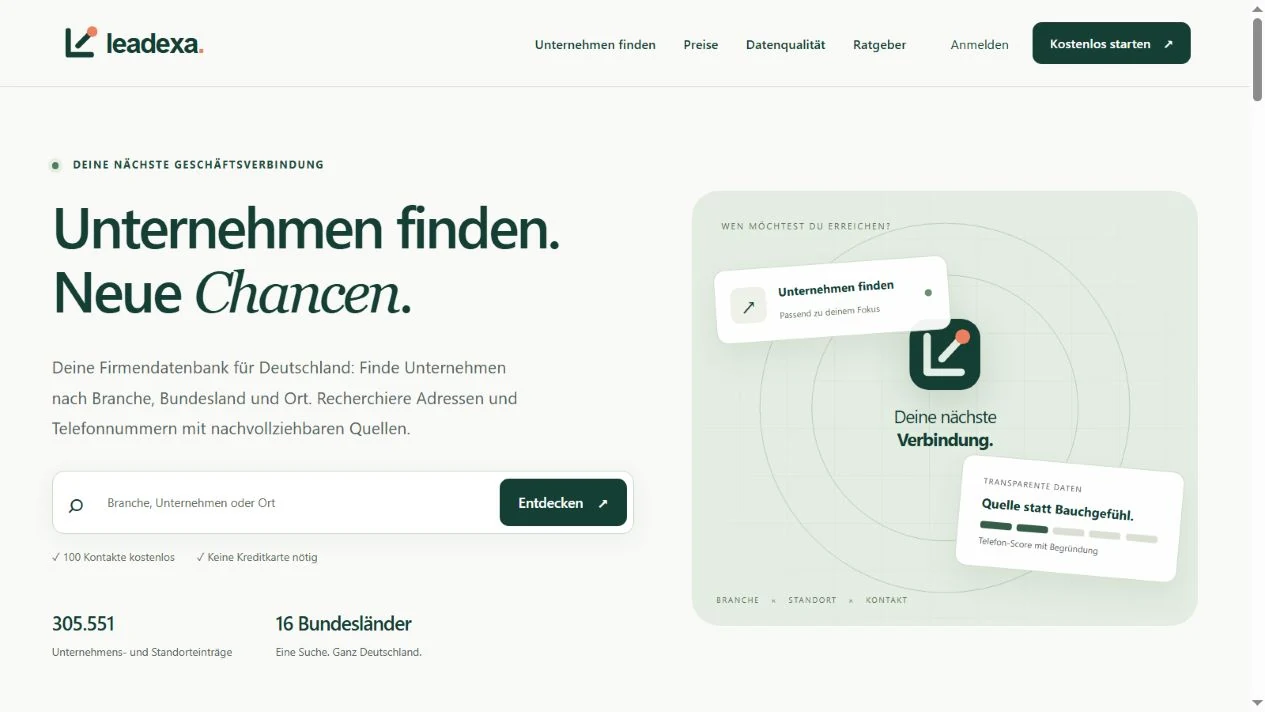 Startseite von Leadexa mit Firmensuche und Unternehmensdaten für Deutschland