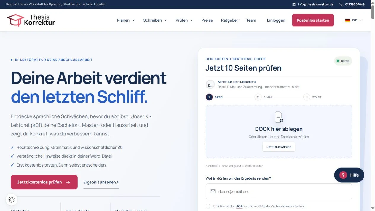 Aktuelle Startseite von ThesisKorrektur mit KI-Lektorat und Dokumentenprüfung