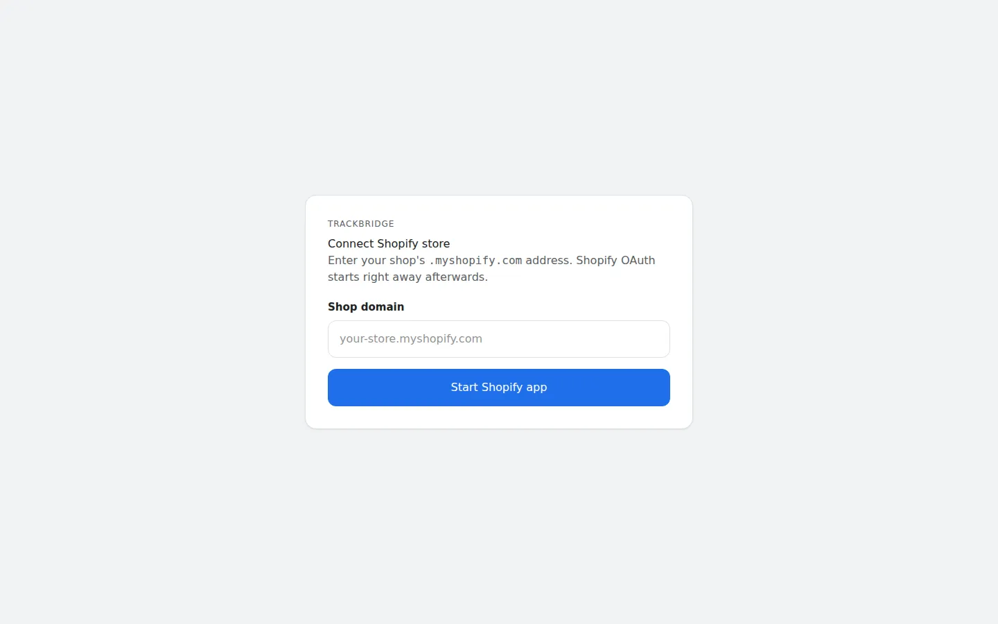 Installationsoberfläche der Shopify-App TrackBridge