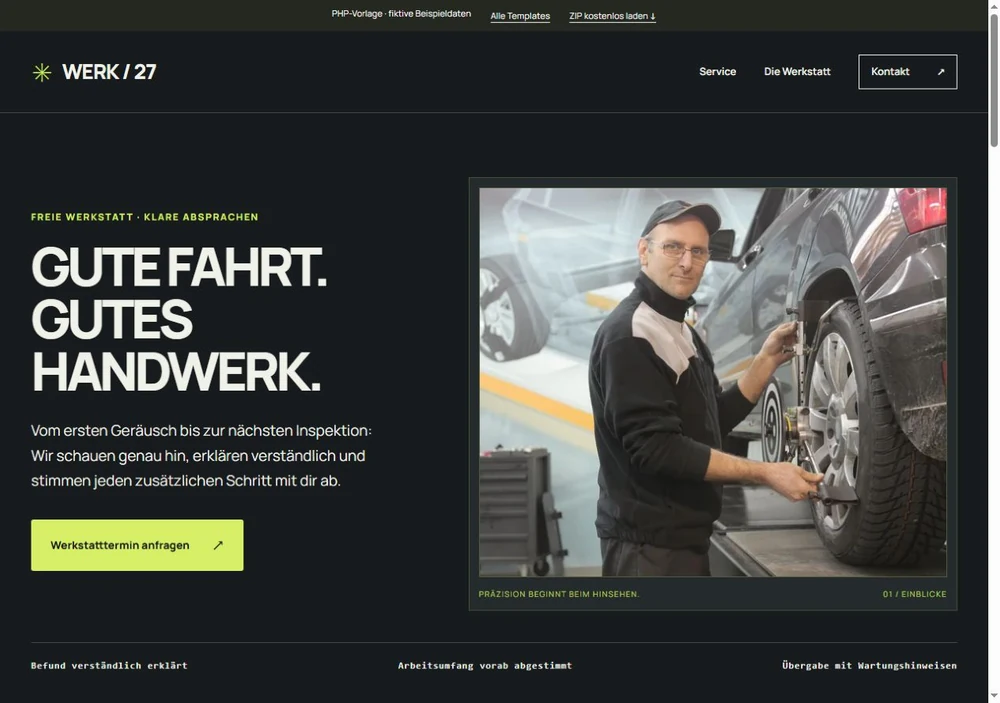 Screenshot der PHP-Vorlage WERK / 27 für Autowerkstatt