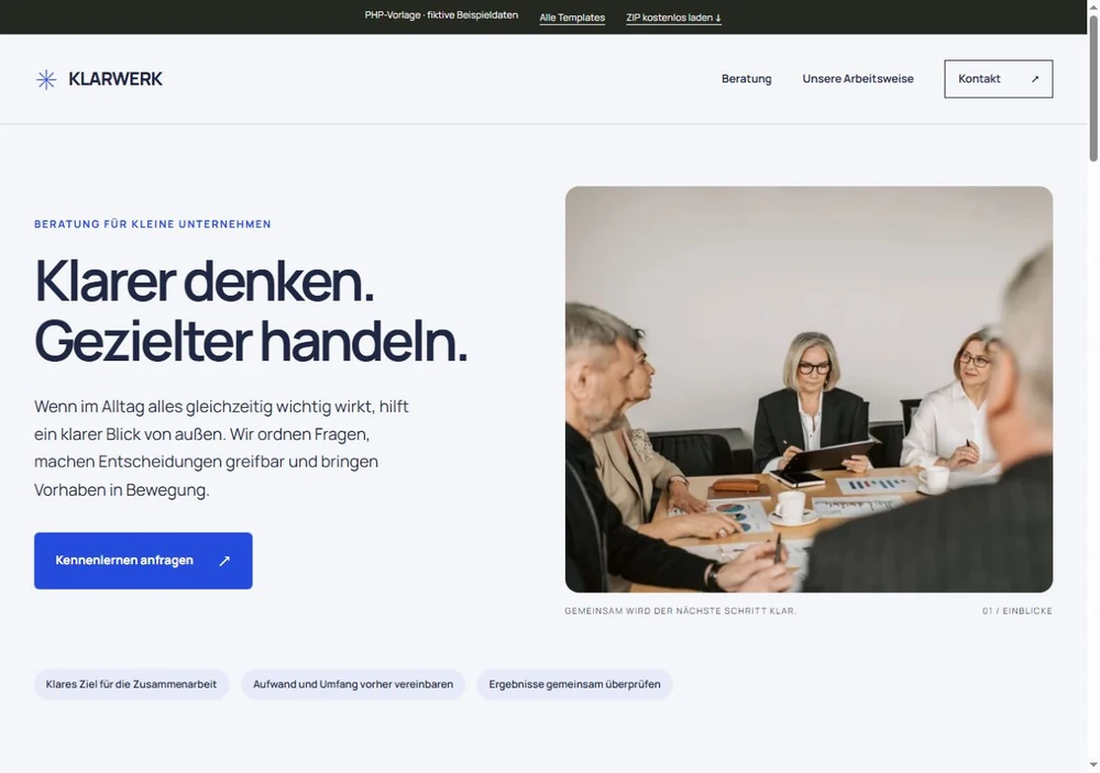 Screenshot der PHP-Vorlage KLARWERK für Unternehmensberatung