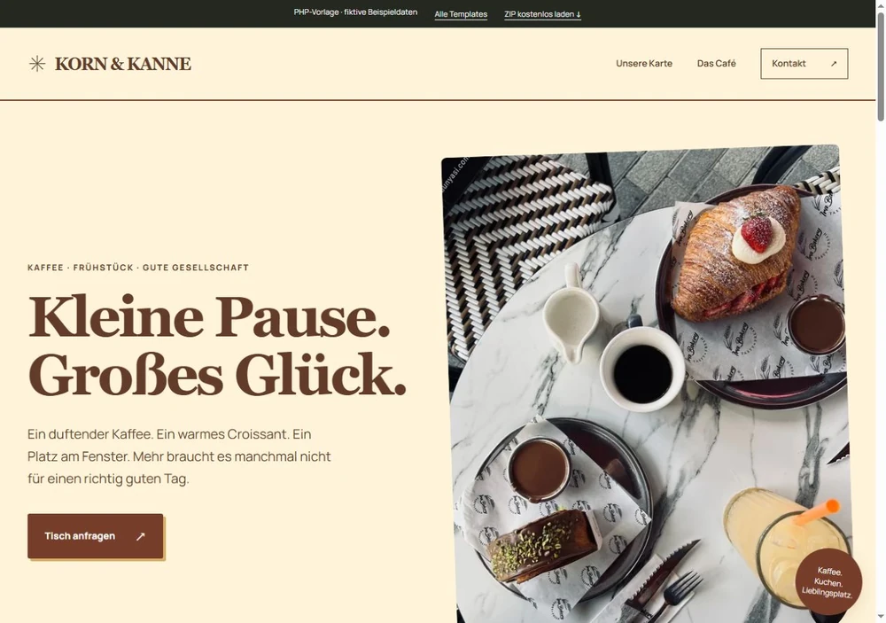 Screenshot der PHP-Vorlage KORN & KANNE für Café