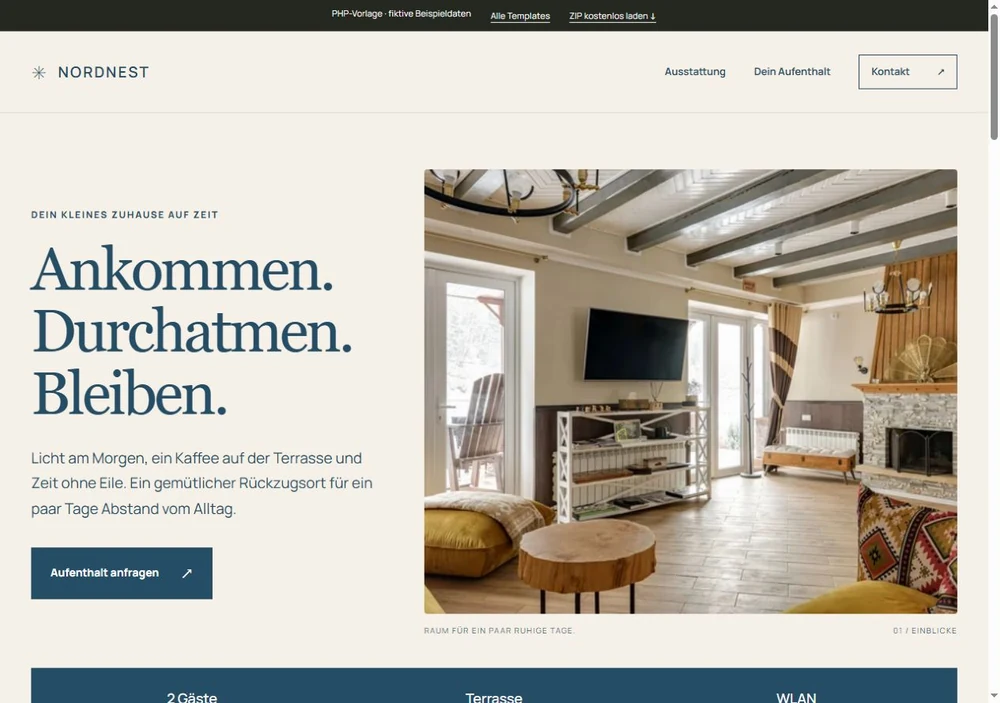 Screenshot der PHP-Vorlage NORDNEST für Ferienwohnung