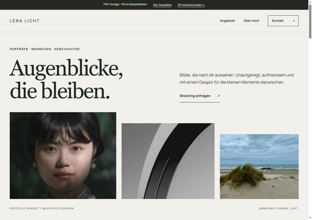 Screenshot der PHP-Vorlage LENA LICHT für Fotografie