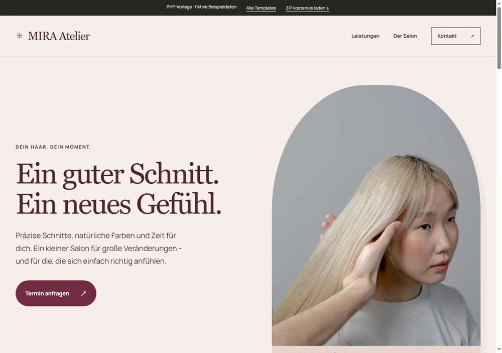Screenshot der PHP-Vorlage MIRA Atelier für Friseursalon