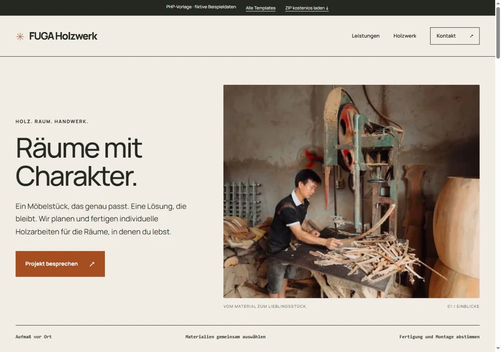 Screenshot der PHP-Vorlage FUGA Holzwerk für Tischlerei & Handwerk