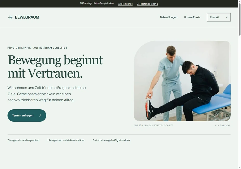 Screenshot der PHP-Vorlage BEWEGRAUM für Physiotherapie