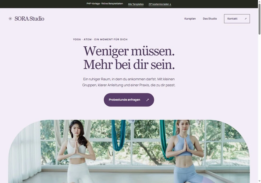 Screenshot der PHP-Vorlage SORA Studio für Yoga-Studio