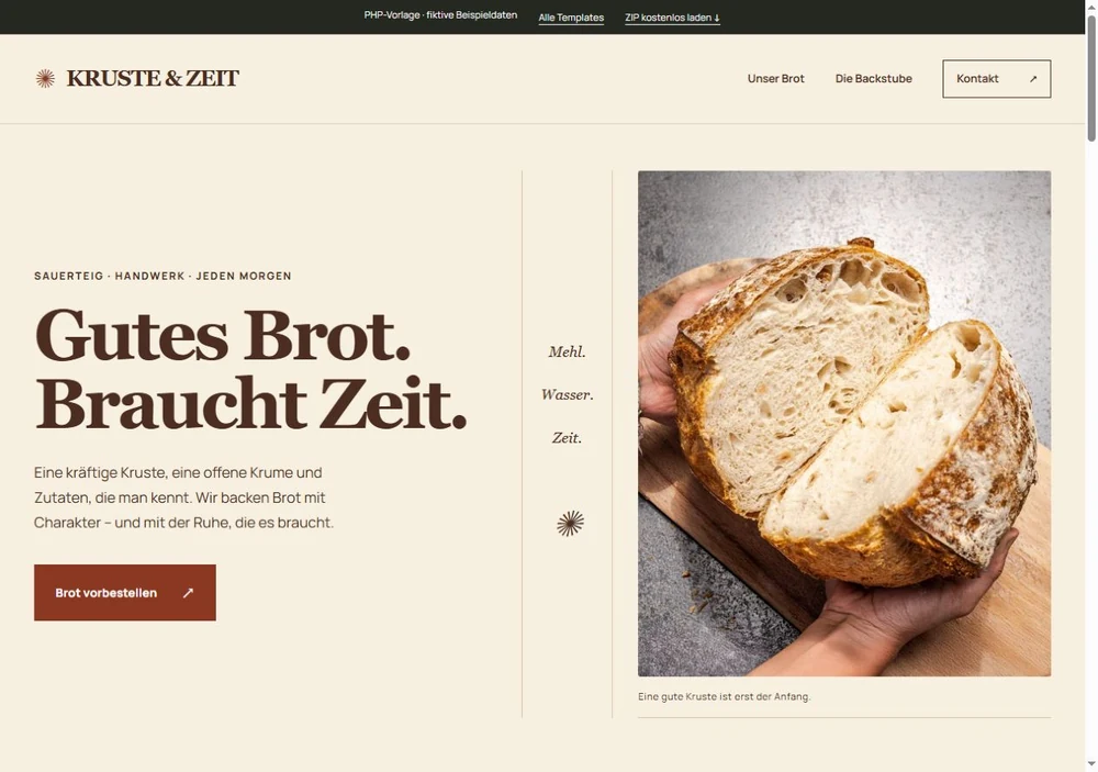 Vorschau des neuen Bäckerei-Templates KRUSTE & ZEIT