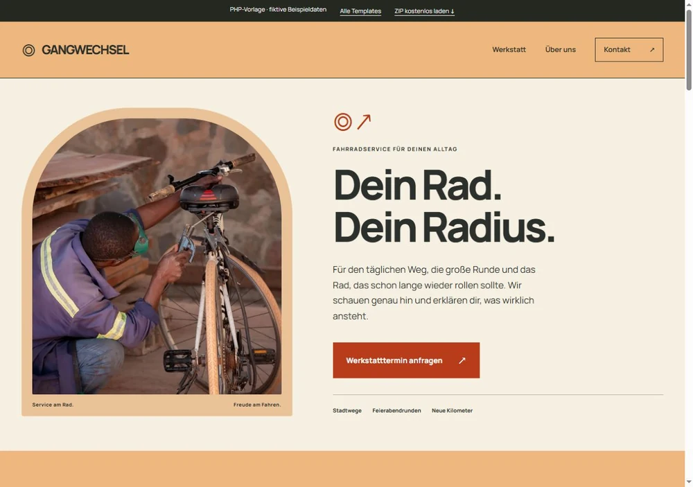 Screenshot der PHP-Vorlage GANGWECHSEL für Fahrradwerkstatt