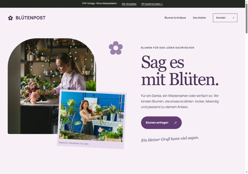Screenshot der PHP-Vorlage BLÜTENPOST für Floristik