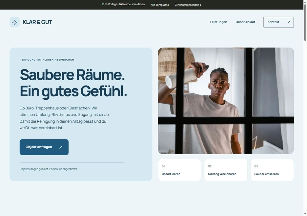 Screenshot der PHP-Vorlage KLAR & GUT für Gebäudereinigung
