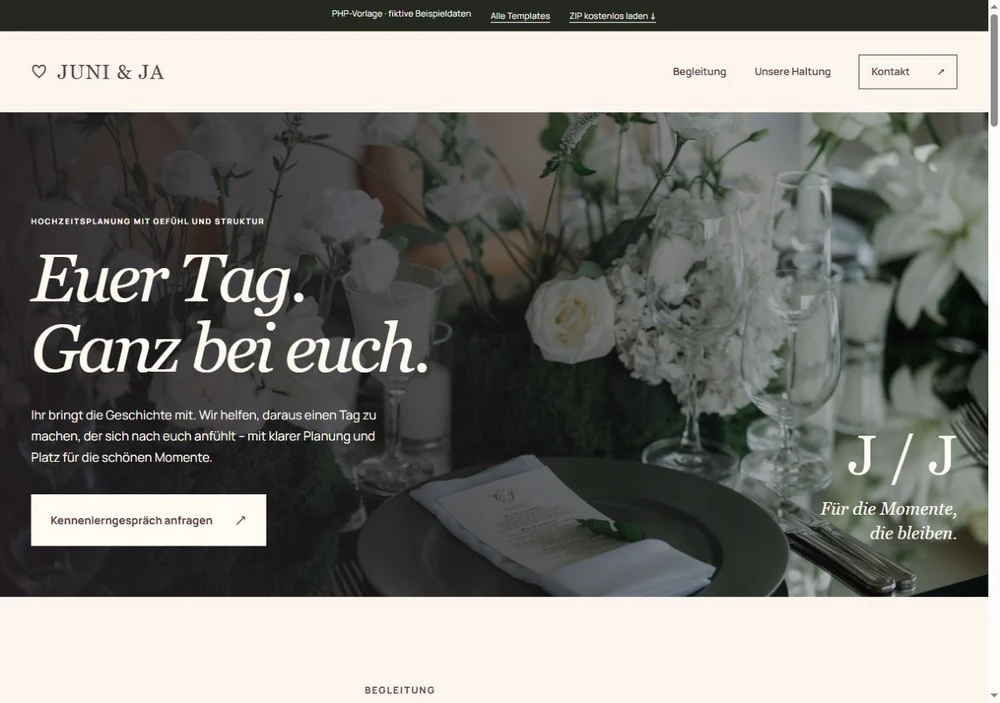 Screenshot der PHP-Vorlage JUNI & JA für Hochzeitsplanung