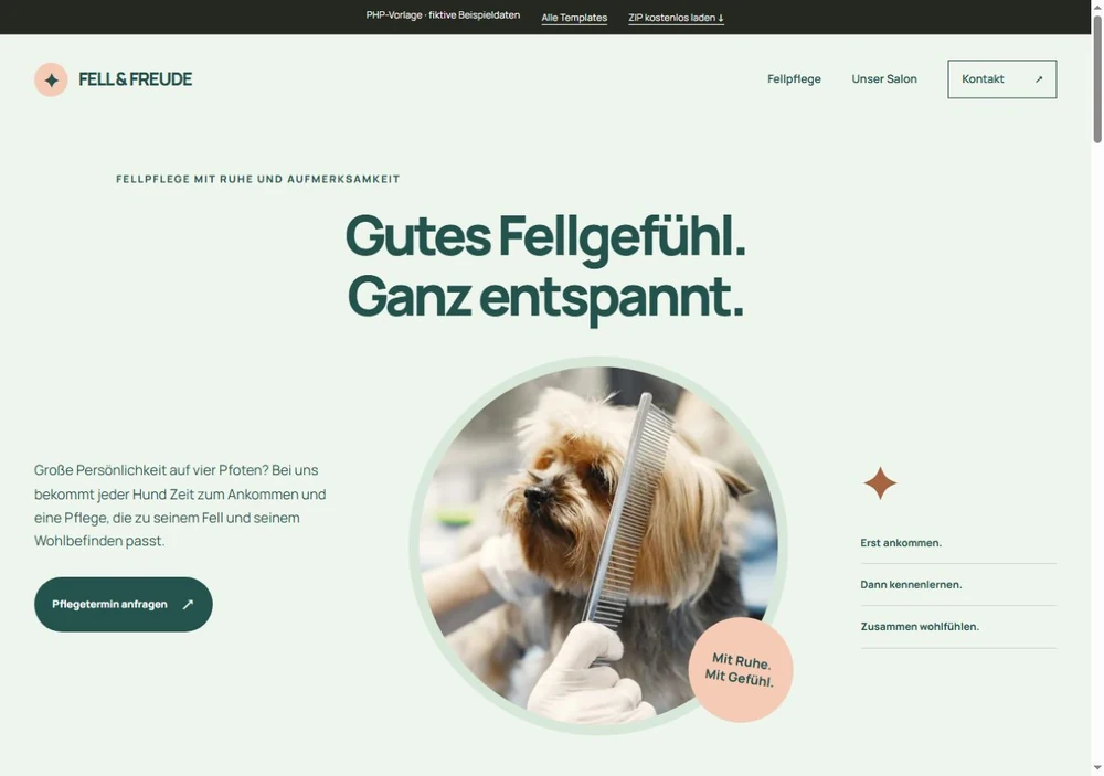 Screenshot der PHP-Vorlage FELL & FREUDE für Hundesalon