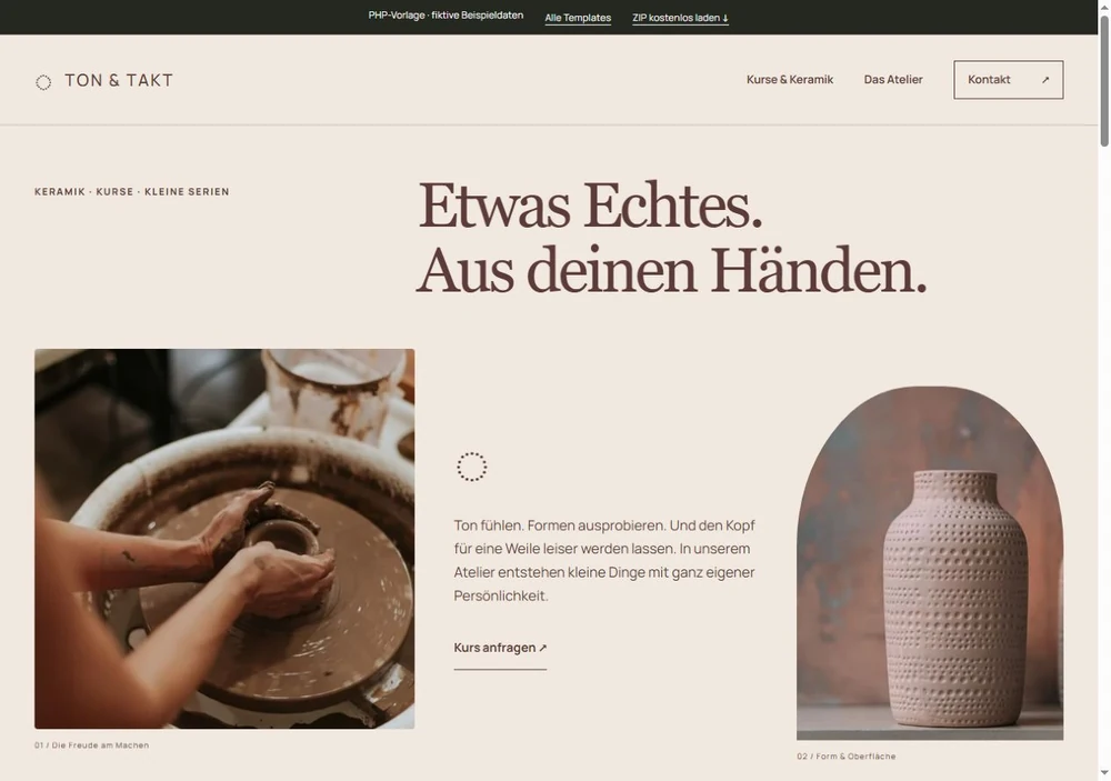 Screenshot der PHP-Vorlage TON & TAKT für Keramikatelier