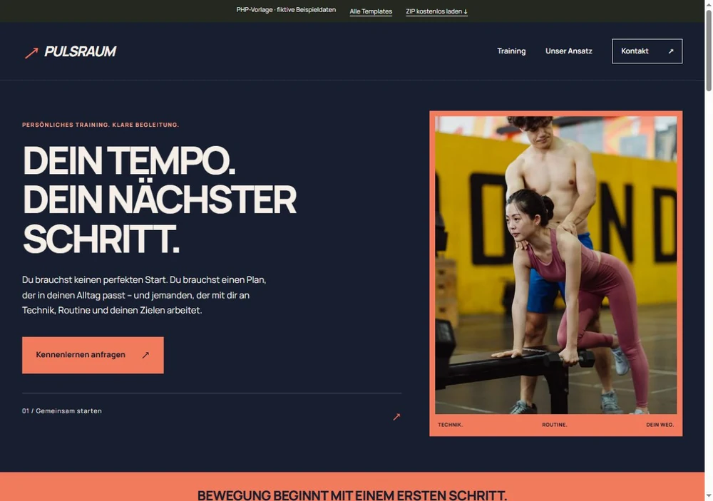 Screenshot der PHP-Vorlage PULSRAUM für Personal Training