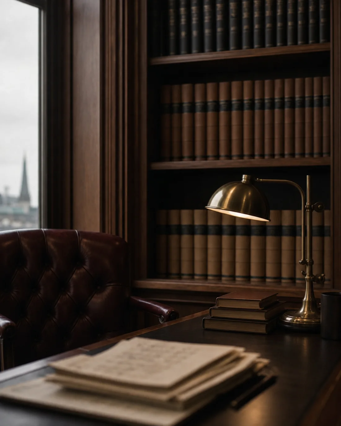 Bücherregal und Schreibtisch in einem ruhigen Kanzleibüro