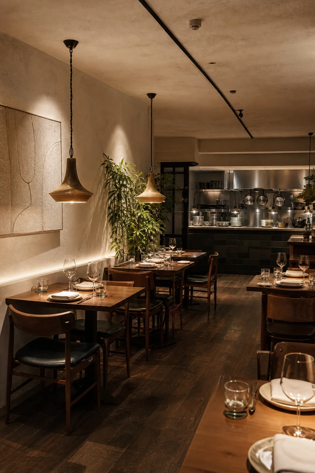 Intimer Restaurant-Raum mit dunklem Holz und warmer Beleuchtung